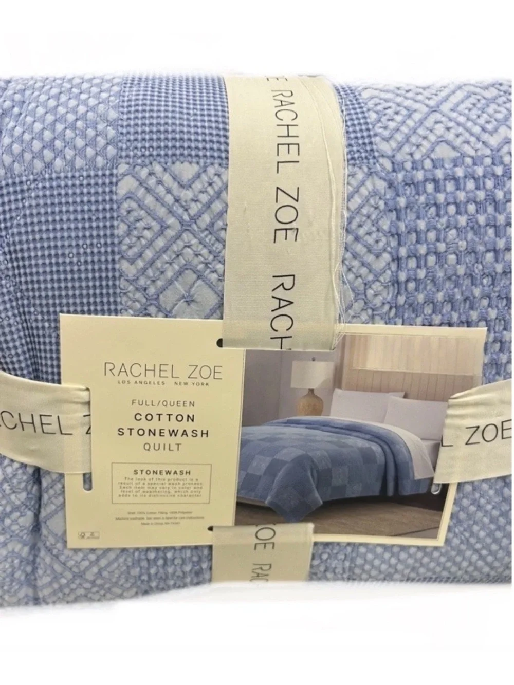 Rachel Zoe Cotton Stonewash Blue Full/Queen Quilt 88”x92”